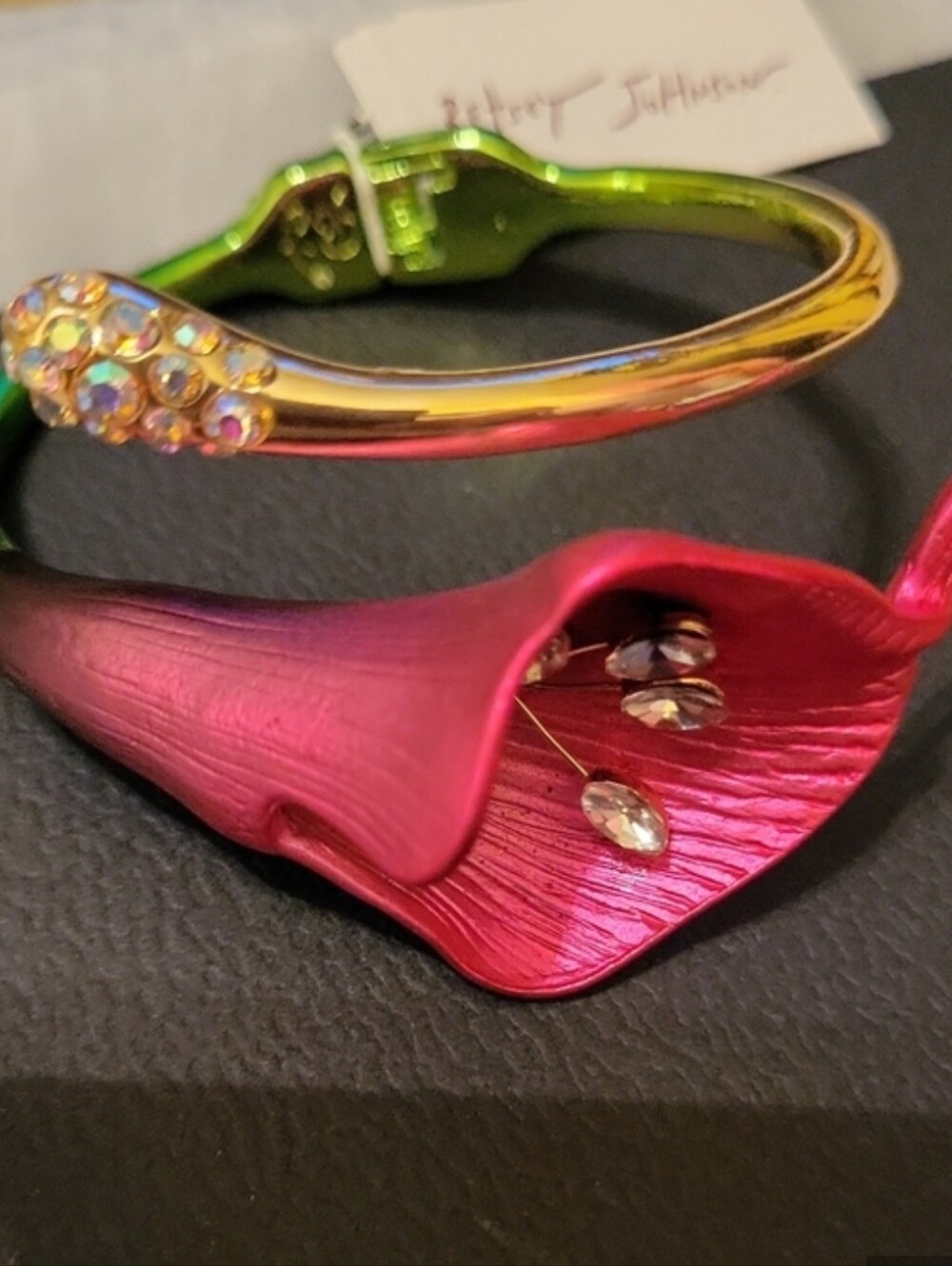 Betsey Johnson Calla Lily Fushia Metallic  & Green Floral Hinged Bracelet Ha